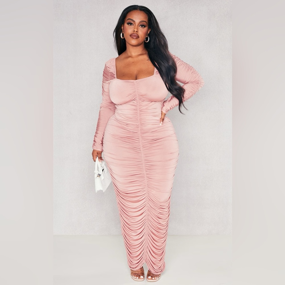 Plus Rose Long Sleeve Extreme Ruched Midaxi Dress